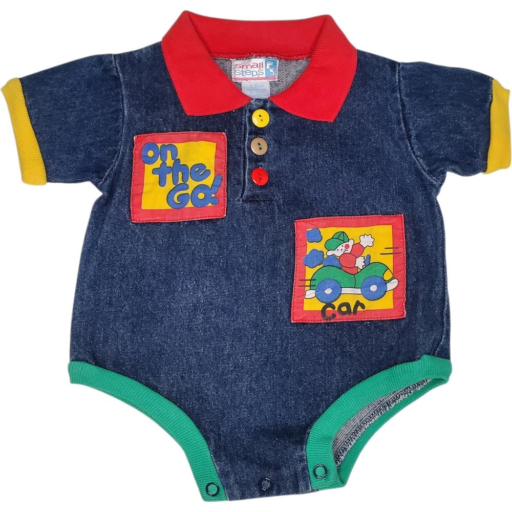 Vintage Small Steps Denim Romper Blue Car On The Go! Baby Boys 3-6 Months